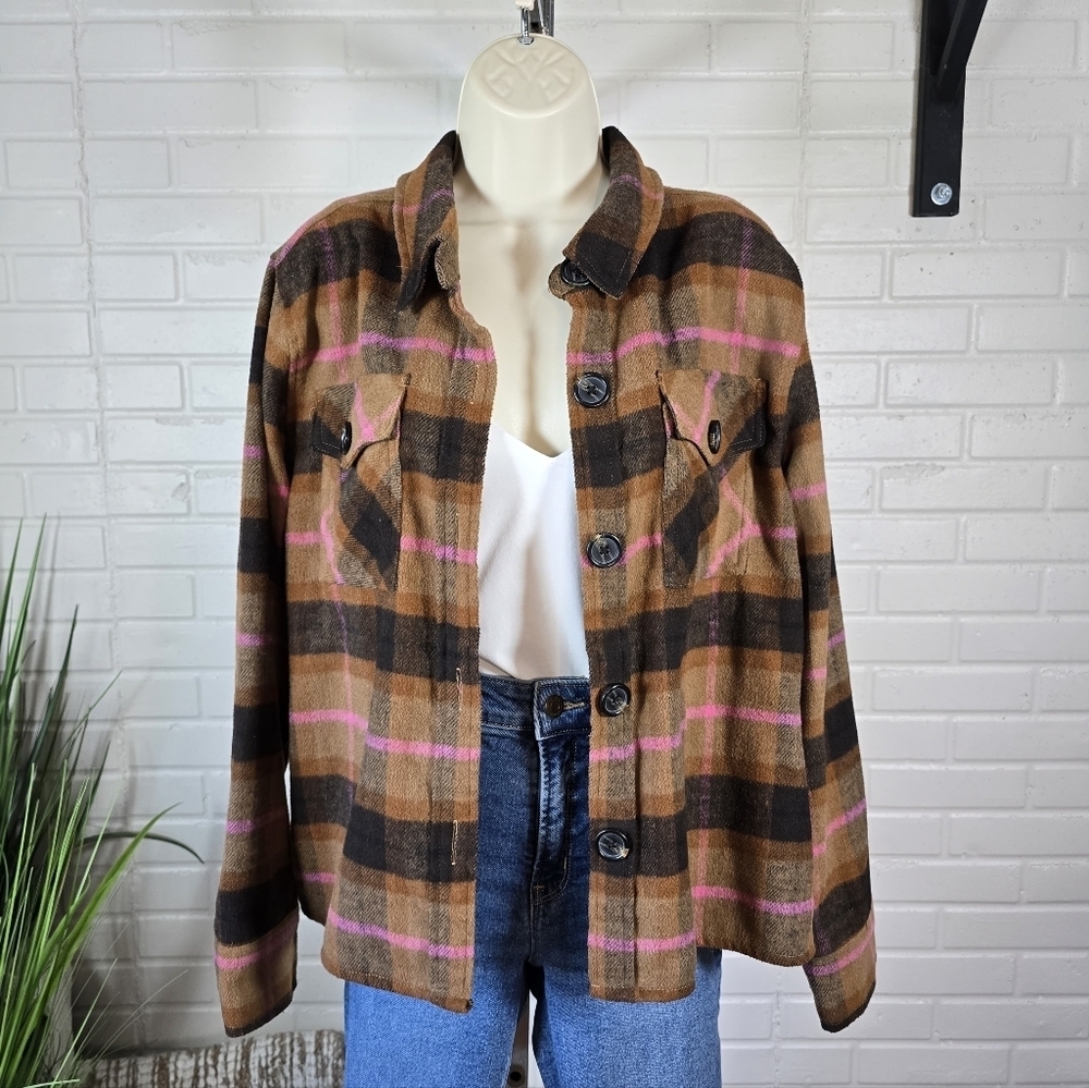 BB Dakota Brown Plaid Button Up Shacket Brown and Pink Size Large - Picture 9 of 9